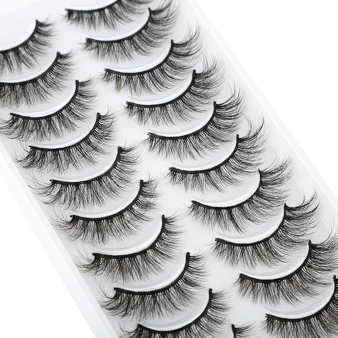 JIMIRE Fake Eyelashes Natural Look Fluffy Wispy False Lashes Cat-Eye Lashes with Thin Band Lightweight Fake Lashes 10 Pairs Pack