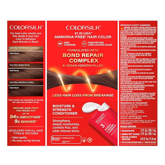 Revlon ColorSilk with Bond Repair Complex, Brown Permanent Hair Color, 100% Gray Coverage, Ammonia Free Hair Dye, Vegan Keratin, 32 Dark Mahogany Brown (Pack of 3)