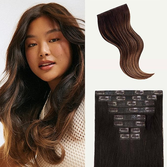 Luxy 100% Remy Human Hair - Seamless Clip-In Hair Extensions - Multi-Dimensional Color for Natural Blending, Adds Volume & Length 160 grams 16" Mocha Brown Balayage