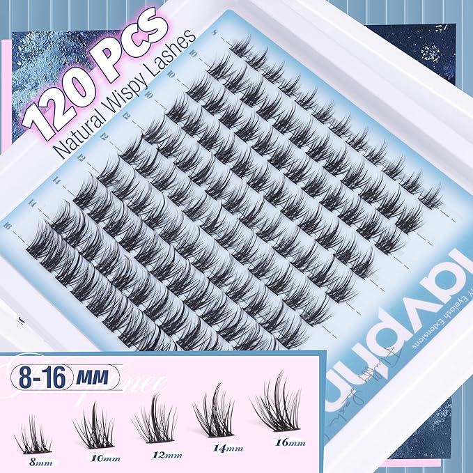 Lash Clusters Kit Wispy Cluster Eyelash Extensions Natural Individual Lashes Extension 8-16MM Short Cluster Lashes C Curl Eyelash Clusters Spikes 120 Pcs Spiky DIY Lash Kit for Everyday Wear