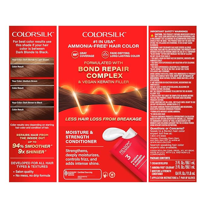 Revlon ColorSilk with Bond Repair Complex, Brown Permanent Hair Color, 100% Gray Coverage, Ammonia Free Hair Dye, Vegan Keratin, 47 Medium Rich Brown (Pack of 3)