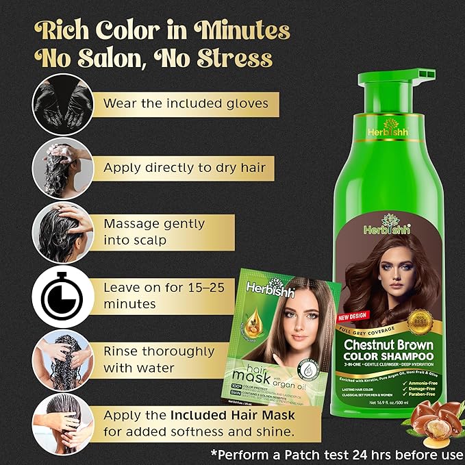 Herbishh Chestnut Brown Hair Color Shampoo - 3-In-1 Magic Dye for Gray Hair 500 Ml + Essential Flower Hair Oil - Organic Formula for Dry, Damaged Hair 60 ML