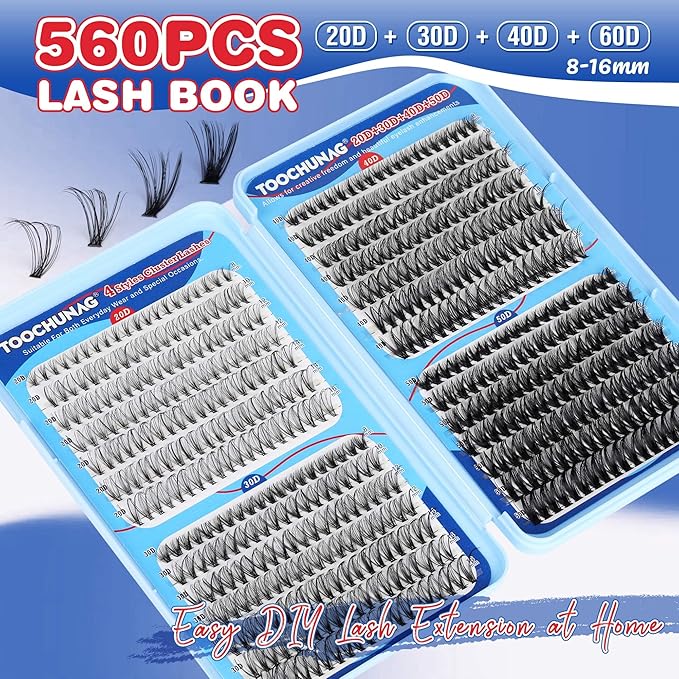 TOOCHUNAG 560pcs Wispy Lash Clusters Natural Individual Lashes Cluster Eyelash Extensions 8-16mm Fluffy Eyelash Clusters D Curly DIY Eye Lashes Extension (20/30/40/50D)