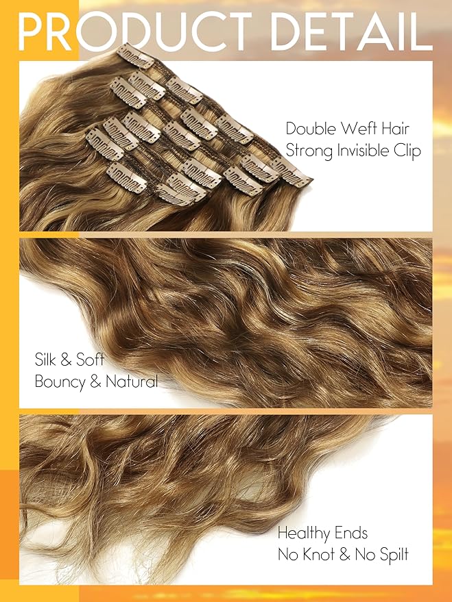 Caliee Curly Balayage Clip in Hair Extensions 22 Inch Highlight Brown Color Real Remy Human Hair Brazilian Hair Natural Wave Curly 120Gram Fading into Blonde Color #P4/27 7 Pieces Per Set