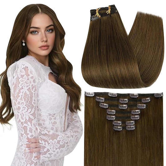 Full Shine Clip in Hair Extensions 18 Inch Brown Extensions for Women Real Hair Triple Weft Light Brown Invisible Clip in Extensions for Women Remy Hair 7 Pcs 120 G
