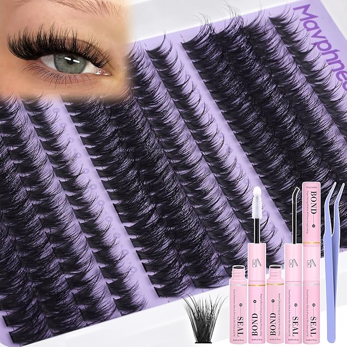Volume Lash Clusters Kit D-Curly Eyelash Clusters Wispy Cluster Lashes Extensions Full Individual Lashes Clusters Eyelash Extensions Kit with Bond and Seal and Tweezers (232 Pcs, 10-16MM, 3 Styles)