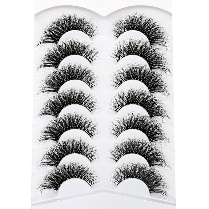 Pooplunch False Eyelashes Cat Eye Look Clear Band Wispy Volume Dramatic Long 8D Faux Mink Lashes Fake Eyelash Strips 7 Pairs Pack