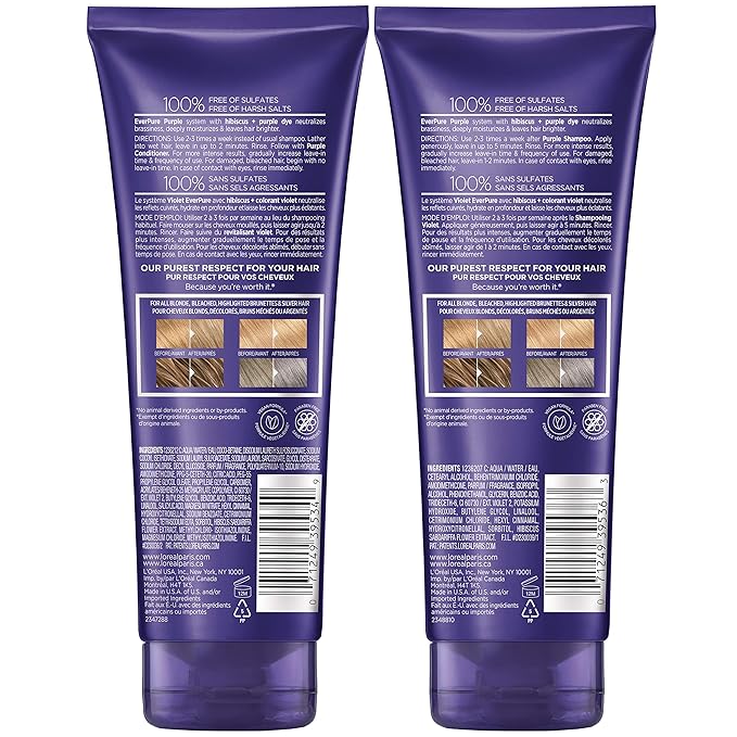 L’Oreal Paris EverPure Sulfate Free Brass Toning Purple Shampoo and Conditioner Set for Blonde, Bleached, Silver, or Brown Highlighted Hair, 1 Kit (Pack of 3)