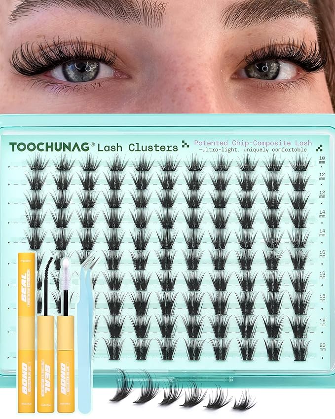 Wispy Lash Clusters Kit Natural Eyelash Clusters 10-20mm Long Lash Extension Kit D Curly Volume Lashes Individual with Lash Bond and Seal, DIY Waterproof Cluster Eyelash Extensions by TOOCHUNAG