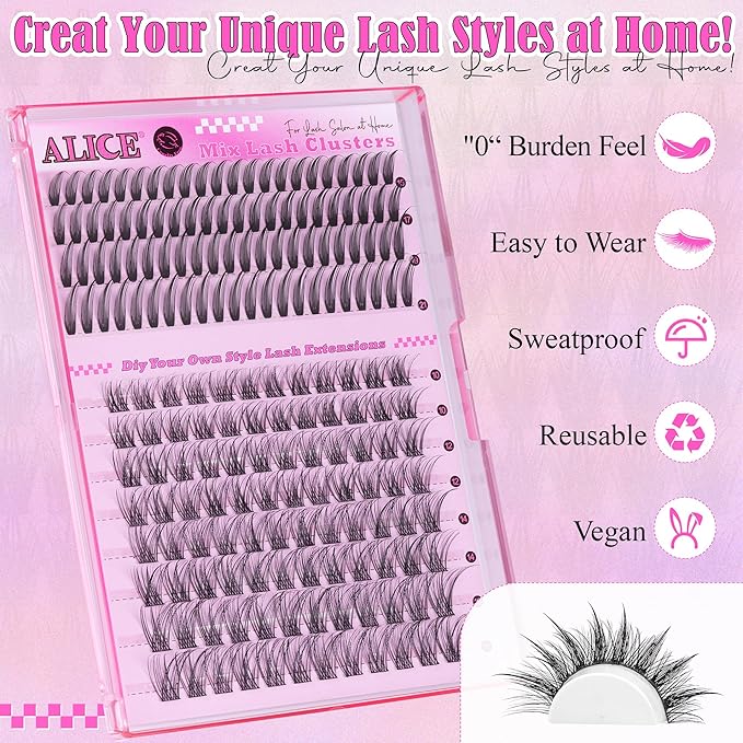 ALICE Lash Clusters Eyelash Clusters - 96pcs 10-16mm Wispy Eyelash Extensions with 84pcs 15-21mm Manga Spiky Individual Lashes - Mixed Lash Extensions for Natural Manga Look and Unique Style