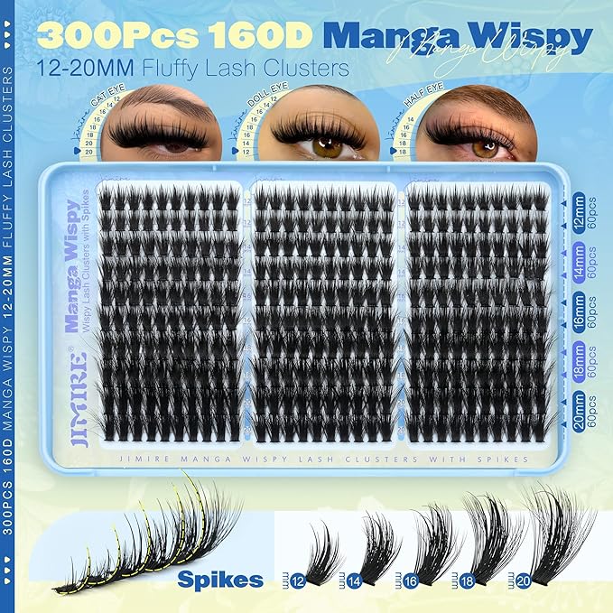JIMIRE Manga Fairy Lash Clusters Volume Eyelash Clusters with Lash Spikes 300Pcs Wispy Cluster Eyelash Extensions 12-20MM Fluffy Individual Lashes Clusters Easy to Apply DIY Lash Extension at Home
