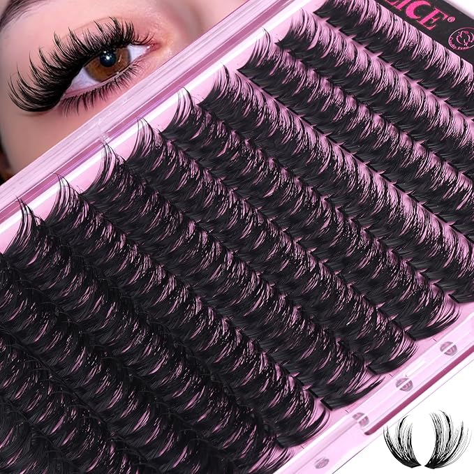 ALICE Lash Clusters with Spikes Thick Volume Cluster Eyelash Extensions Fluffier Eyelash Clusters Wispy Individual LashesThin Band Lash Extensions DIY at Home (240pcs/12-22mm/CC- Curly/100D)
