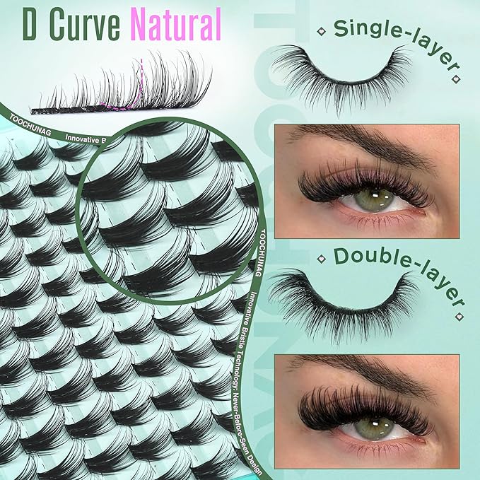 Wispy Lash Clusters Kit Natural Eyelash Clusters 10-20mm Long Lash Extension Kit D Curly Volume Lashes Individual with Lash Bond and Seal, DIY Waterproof Cluster Eyelash Extensions by TOOCHUNAG