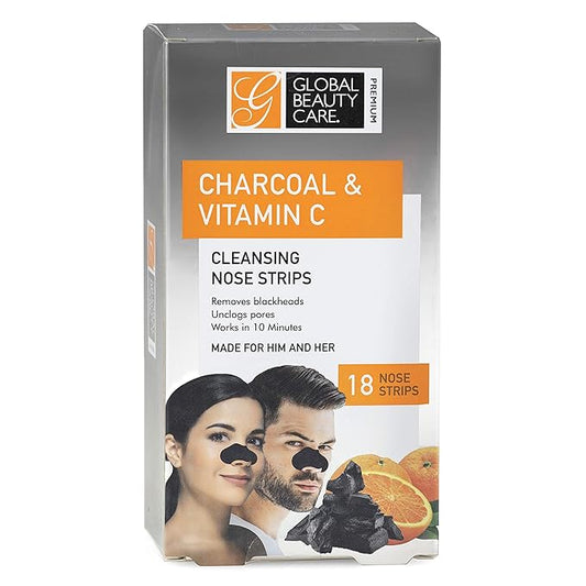 Global Beauty Care Premium 18 Nose Cleansing Strips of Activated Charcoal & Vitamin C Nose Strips For Blackheads Removal Charcoal Blackhead Remover Strips - 18 Ct