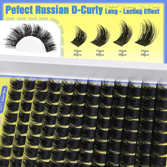 ALICE Lash Clusters Kit - 200D Russian Thick Eyelash Clusters Kit (Wispy & Spiky) - Lash Extension Kit with Lash Bond and Seal, Tweezers, Reusable Eyelash Clusters for Dramatic Volume Makeup