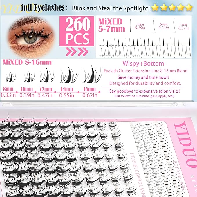 Fairy Manga lashes Clusters with Bottom Lashes Clusters Kit Gift Packs 604Pcs 5-16mm Soft Extension False Eyelash D Curl Wispy Natural Wet-Look Lashes Extensions Combo Pack with Glue Removers