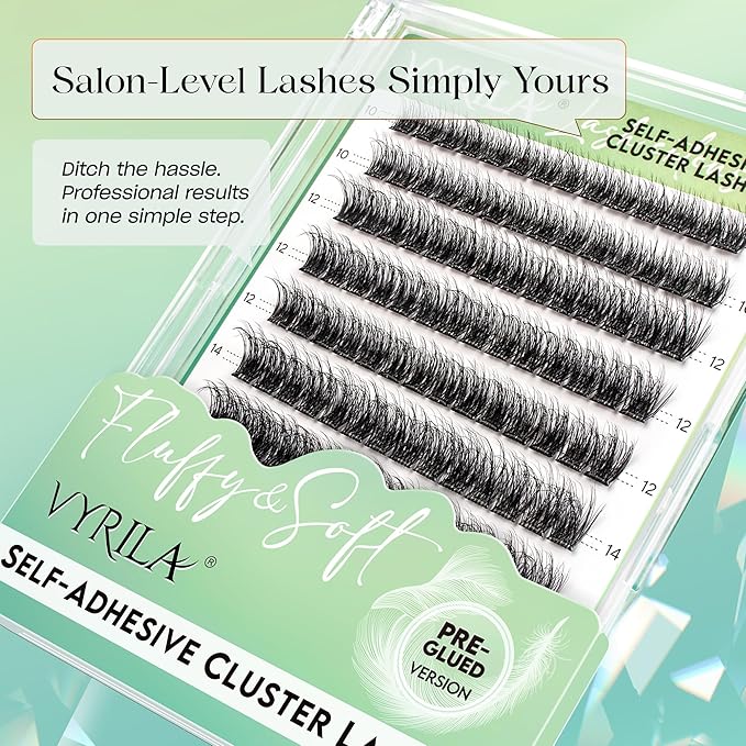 Self-Adhesive Lash Cluster, Pre-Glued Clusters, Pop-On Faux Eyelashes, 3D Thin Band D Curl Natural Look Lahses, Easy to Apply, Reusable 0.05mm Eyelash Extensions (Green Muse-D-0.05-10-16mix)