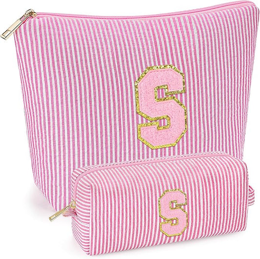 mibasies 2 PCS Initial Makeup Bags for Women: - Birthday Gifts for Teen Girls 11 12 13 14 15 16 Years Old - Preppy Trendy Stuff - Cosmetic Bag for Travel Toiletry - Pink S