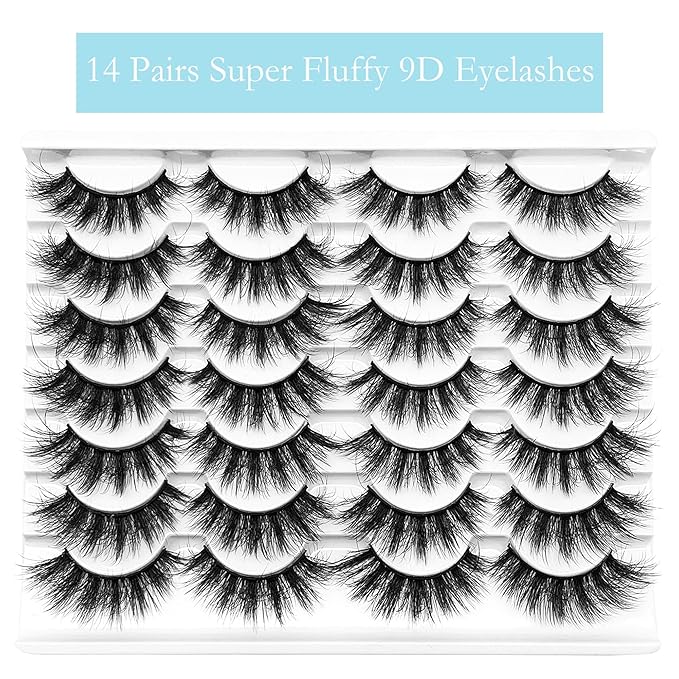 Yasnai Lashes False Eyelashes Fluffy Faux Mink Lashes Natural Eyelashes 14 Pairs Pack 9D Wispy Cat Eye Fake Lashes