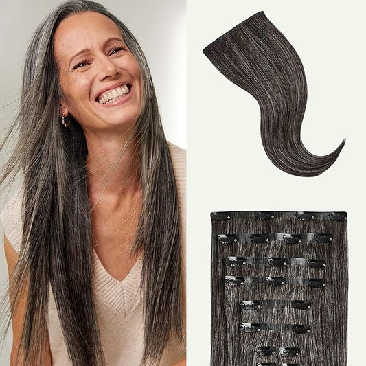 Luxy 100% Remy Human Hair - Seamless Clip-In Hair Extensions - Multi-Dimensional Color for Natural Blending, Adds Volume & Length 50 grams 12" Dark Grey Seamless