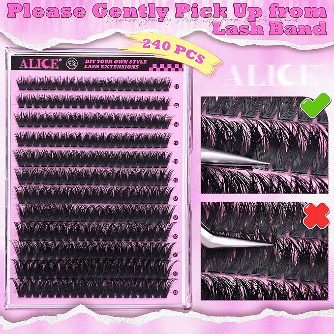 ALICE Eyelash Clusters Spiky Volume Lash Clusters Cluster Eyelash Extensions Fluffier Wispy 100D 240pcs 12-22mm CC- Curly Individual Lashes Fairy Salon Lash Extensions DIY at Home