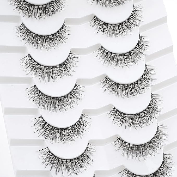 3D Clear Band False EyeLashes Natural Look Cat Eye Wispy Fake lashes Short Supernatural Cross Soft Reusable Lashes 7 Pairs-Happy Heartbeat(No.201)