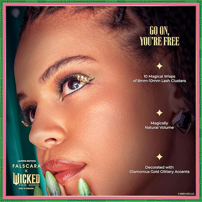 FALSCARA X WICKED: FOR GOOD False Eyelashes, ‘Go on, You're Free’, 8mm-10mm Natural Volume, Gold Glitter, Lash Extension Kit Includes Mini BOND, Mini Applicator, & 10 Lash Clusters