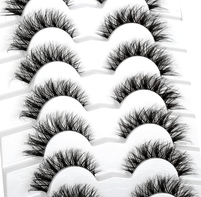 Pooplunch False Eyelashes Cat Eye Wispy Lashes Natural Short 8D Faux Mink Lashes Fake Eyelashes Strips 7 Pairs Pack