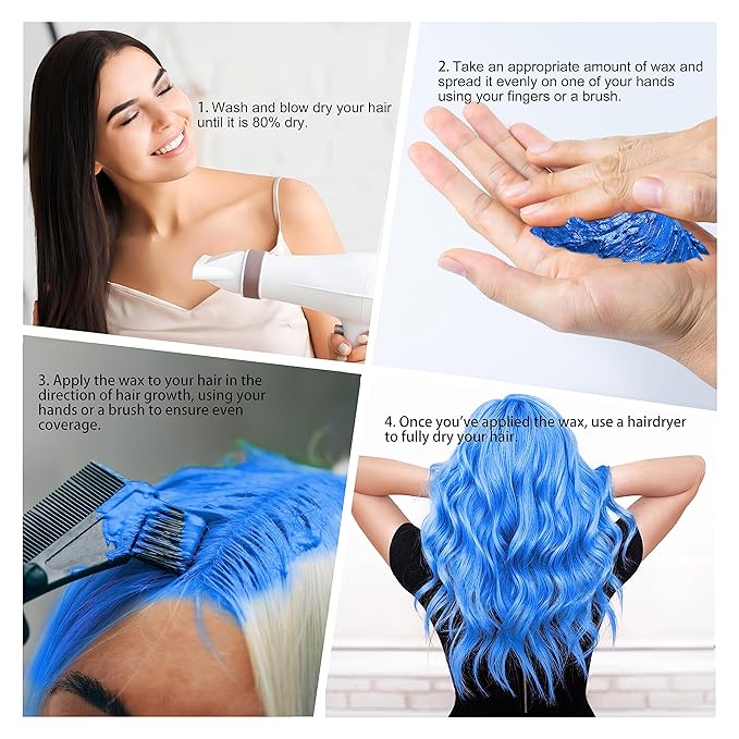 4.23 oz Temporary Blue Hair Color Wax with Dye Brush, Instant Natural Hairstyle Cream, Disposable Coloring Mud for Women Men Youth, Washable Styling Pomades, Party Cosplay DIY Halloween