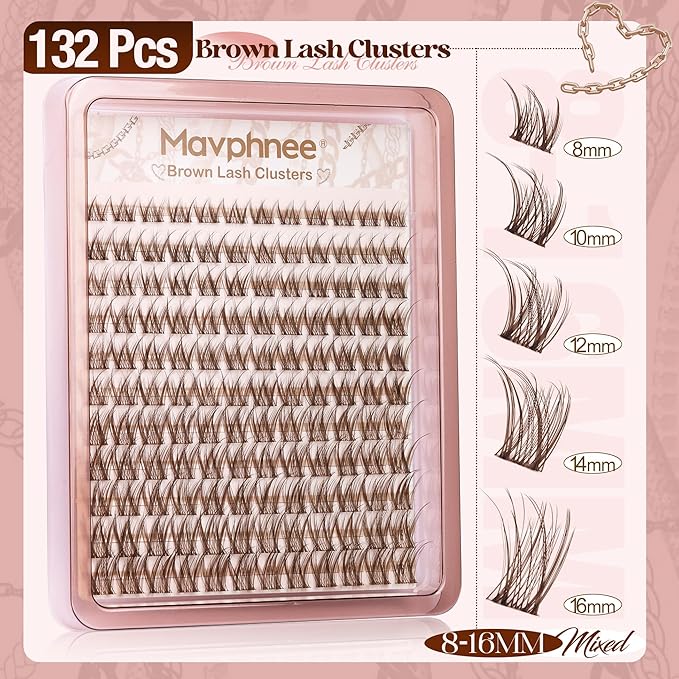 Mavphnee Brown Eyelash Clusters Wispy Lash Extension Cluster Natural Individual Lashes Dark Brown Cluster Eyelash Extensions Fairy Cluster Lashes Thin Band C-Curly DIY Lash Pack (132Pcs, 8-16MM)