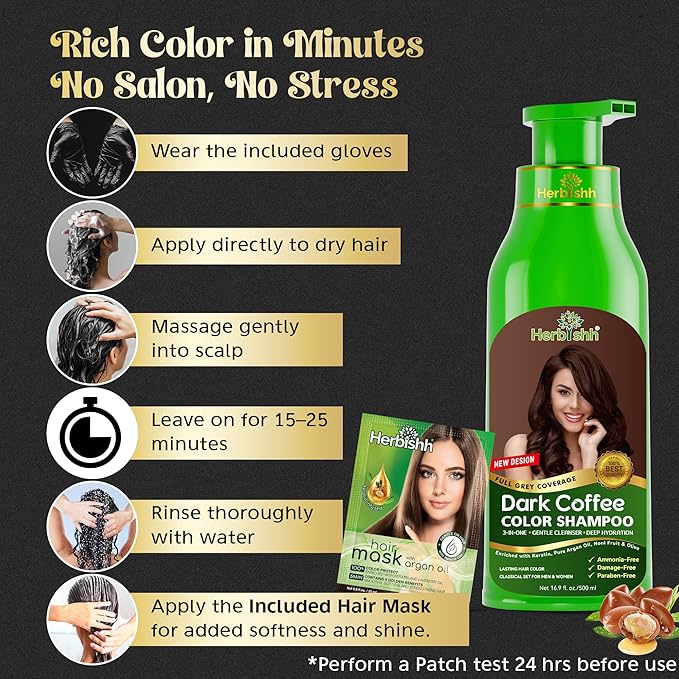 Herbishh Dark Coffee Hair Color Shampoo - 3-In-1 Magic Dye for Gray Hair 500 Ml + Essential Flower Hair Oil - Organic Formula for Dry, Damaged Hair 60 ML