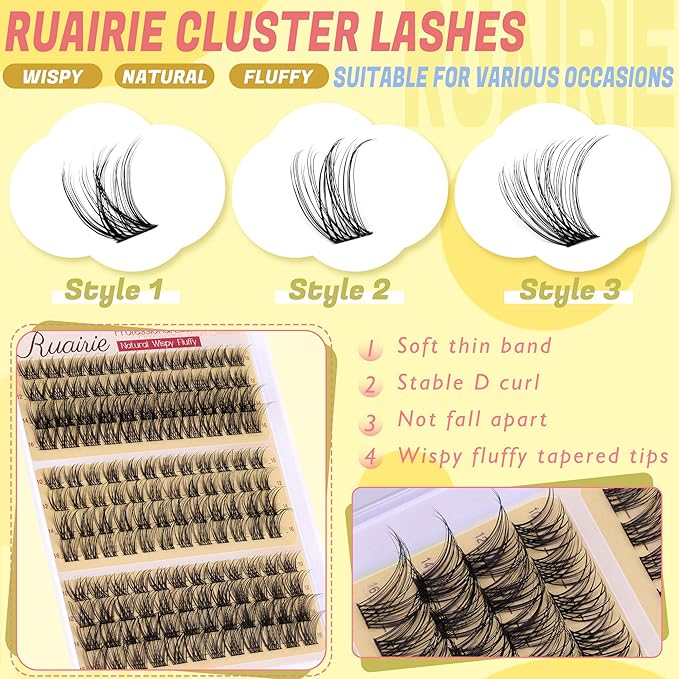 Ruairie Natural Lash Clusters Wispy Eyelash Clusters 3 Styles 10-16MM Cluster Eyelash Extensions CD Curly Individual Lashes 140pcs DIY Lash Extensions with Soft Thin Band
