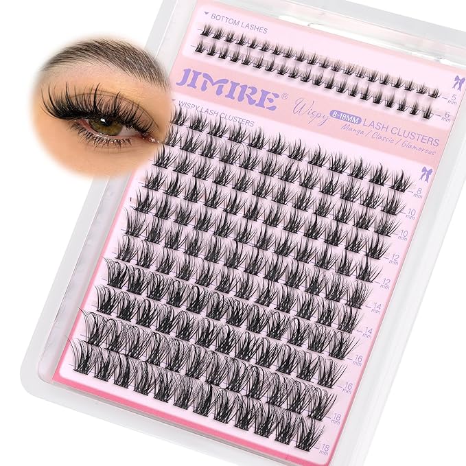 JIMIRE Lash Clusters Wispy Lash Extension Natural Eyelash Clusters 8-18MM D Curly Fluffy Cluster Eyelash Extensions with Bottom Lash Clusters 172Pcs Individual Cluster Lashes DIY at Home
