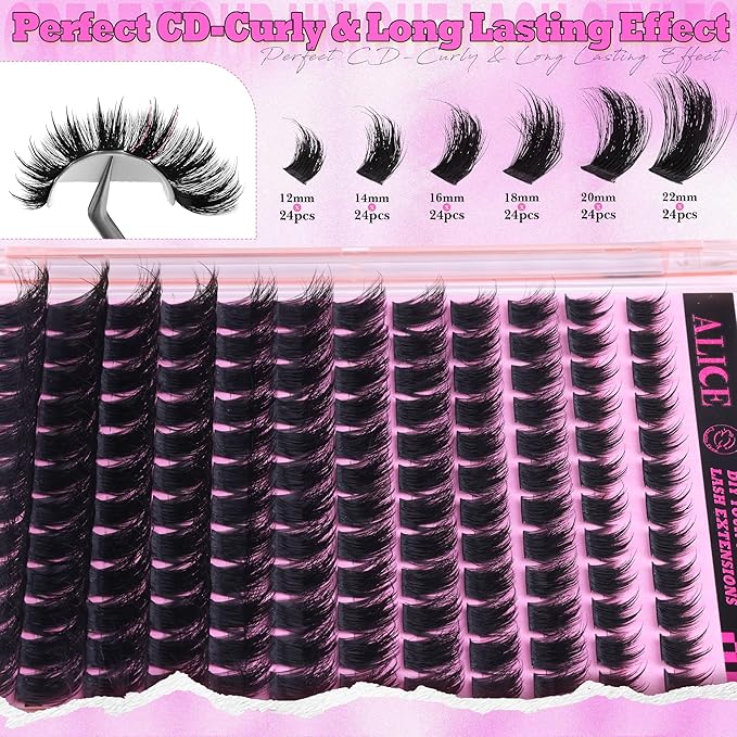 ALICE Lash Clusters Wispy Volume Eyelash Clusters with 2 Spikes Thick Fluffier Cluster Eyelash Extensions Individual LashesThin Band Lash Extensions DIY at Home (144pcs/12-22mm/CC- Curly)
