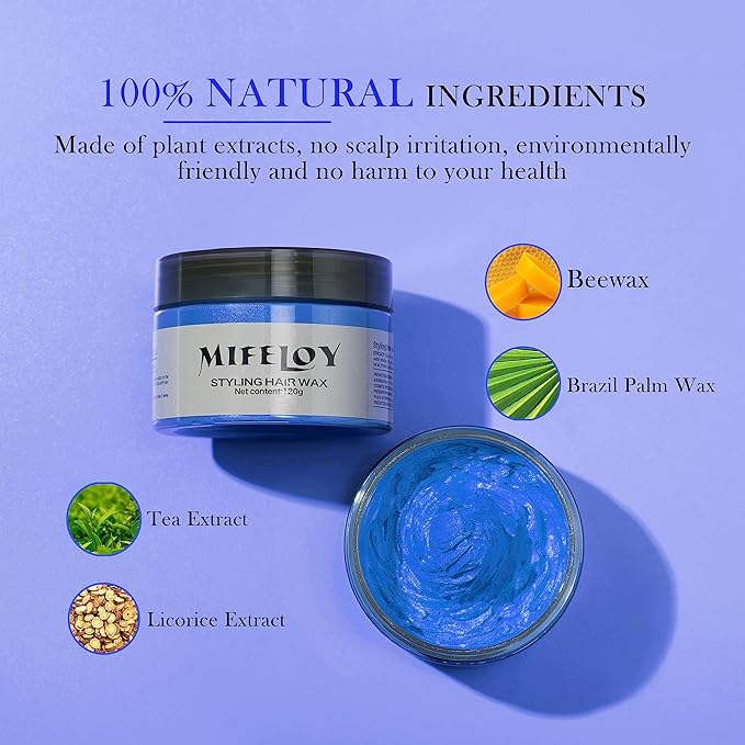 Temporary Blue Hair Color Wax with Dye Brush, Instant Natural Hairstyle Cream 4.23 oz, Disposable Coloring Mud for Men Women Youth, Washable Styling Pomades, Party Cosplay DIY Halloween