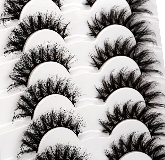 Pooplunch False Eyelashes Cat Eye Look 8D Crossed Wispy Natural Volume Faux Mink Lashes Fake Eyelashes Strips 7 Pairs Pack