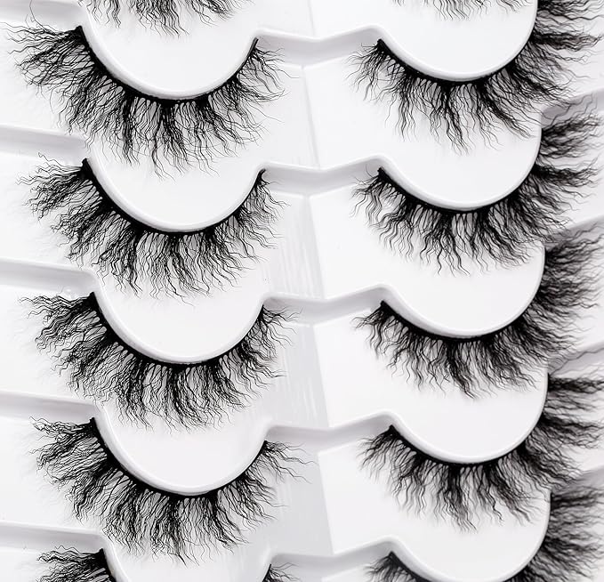 Pooplunch False Eyelashes Pre-Permed Curl Cat Eye Look Wispy Volume Natural Fake Eyelash 8D Faux Mink Strip Lashes 7 Pairs Pack