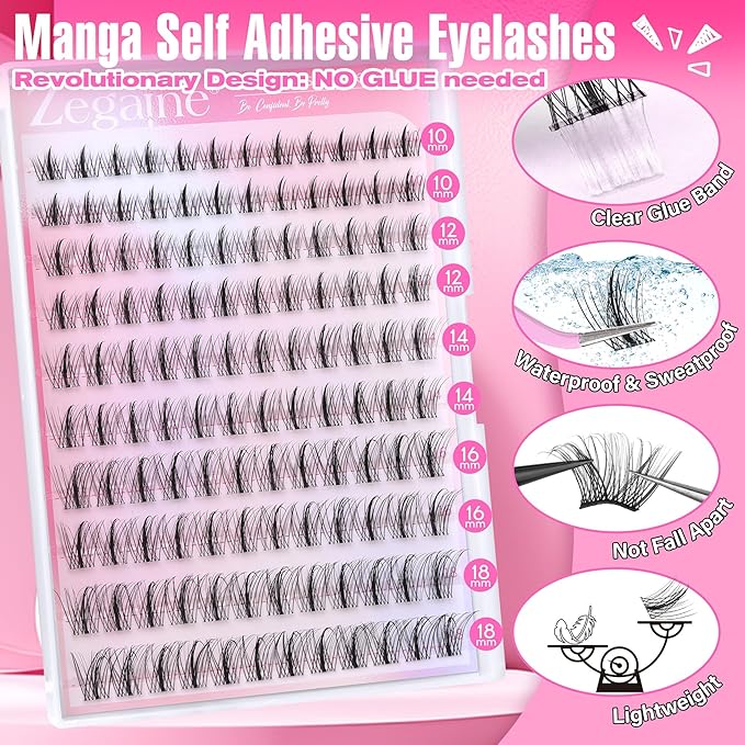 Manga Self Adhesive Eyelashes Natural Look Self Adhesive Lash Clusters With Spikes Clear Band Anime Lash Clusters C-Curly Wispy Pre Glued Lashes 8-16MM 120Pcs by Zegaine