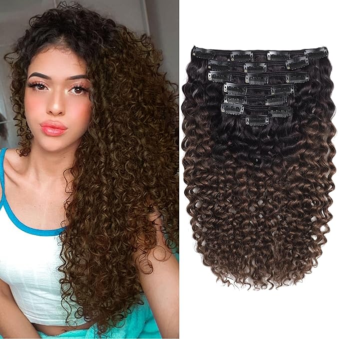 Caliee 3B 3C Curly Clip in Hair Extensions Jerry Curly 18Inch Ombre Natural Black into Dark Brown Human Hair Brazilian Real Remy Clip Ins Hair Extensions Full Head #T1B/4 7Pcs 120G Per Pack