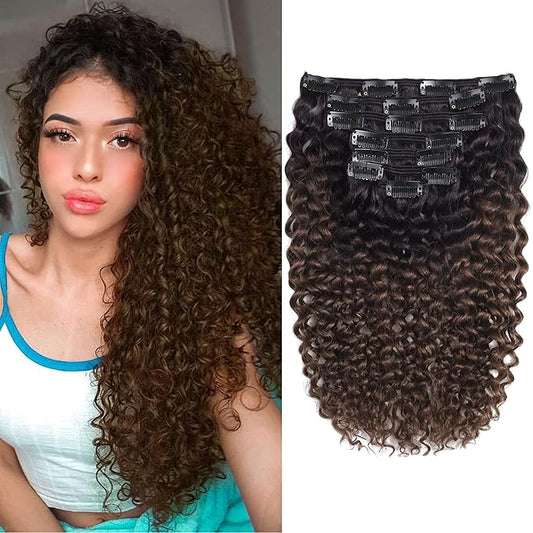 Caliee Ombre Dark Brown 16inch Jerry Curly Clip in Hair Extension Brazilian Human Hair for Women Clips Ins Hair Extensions Natural Black 1B into Dark Brown #T1B/4 with 7Pcs 17Clips Per Pack
