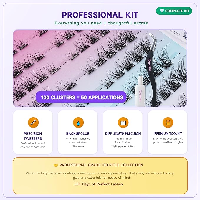 Lash Clusters Pre Glued Individual Eyelashes Cateyes Self Adhesive False Lashes No Glue Needed 8-14mm Professional Volume Extension Kit with Tweezers