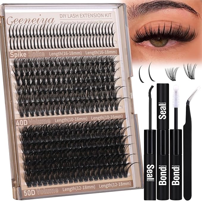 Geeneiya Volume Lash Clusters Kit with 16-18MM Spikes Eyelash Clusters 10-18MM DIY Lash Extension Kit D Cluster Eyelash Extensions Individual Lashes with Lash Bond and Seal, Tweezers for Beginners