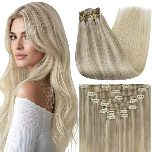 Full Shine Blonde Clip in Hair Extensions Real Hair Extensions Clip in Human Hair Nordic Balayage 18 Ash Blonde Fading to 22 and 60 Double Weft Straight Hair 7 Pcs 16 Inch 120 G