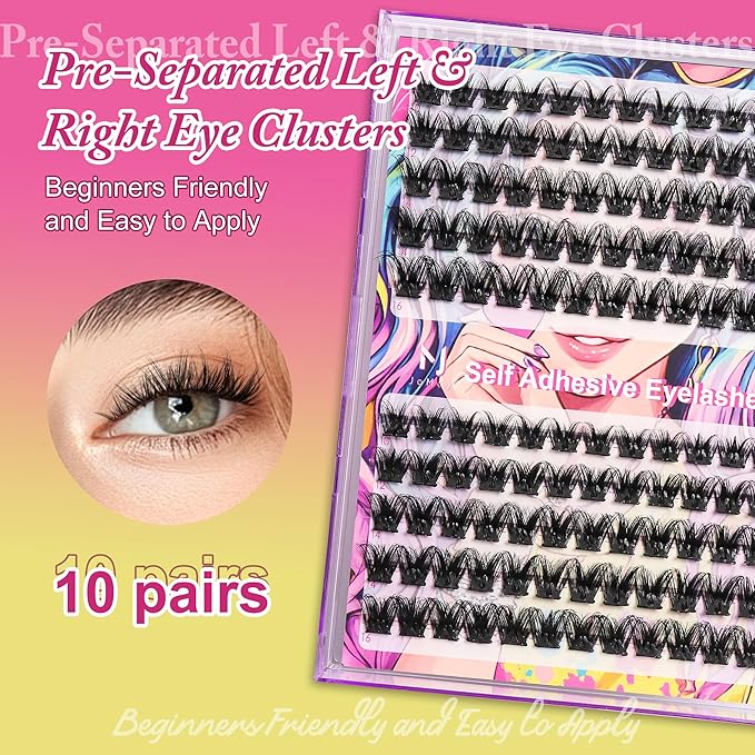 JoMay Self Adhesive Eyelashes, Press on Lashes No Glue Needed, Glueless Lashes Pre-Glued Natural Cluster Extension Kit D Curl For Beginners, No Sticky Residue 1 Step DIY 48PCS 10-16mm X5