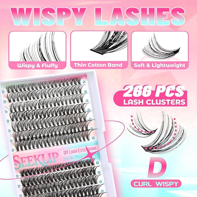 Lash Clusters DIY Lash Extensions 30D 40D Individual Lashes 266Pcs 9-16MM Mixed Wispy Natural Eyelash Extensions D Curl Thin Band Volume Cluster Lashes (30D+40D)