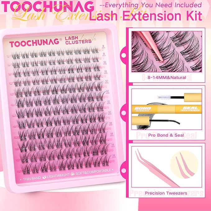 TOOCHUNAG Natural Lash Clusters Kit Wispy Lash Extensions Kit Venus 8-14mm Cluster Eyelash Extensions Invisible Band Lashes Clusters 120PCS C-Curly Eyelash Extensions Kit with Bond,Seal and Tweezers