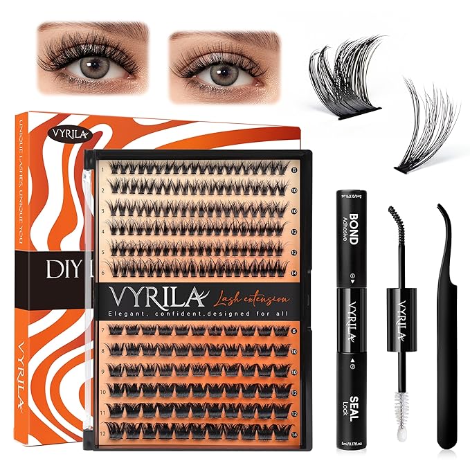 Lash Clusters Kit-VYRILA 0.07mm Wispy 8-14mix C Curl Eyelash Clusters with Lash Bond and Seal Waterproof, Eyelash Tweezers (30P+S03 KIT 186pcs-8-14mix)