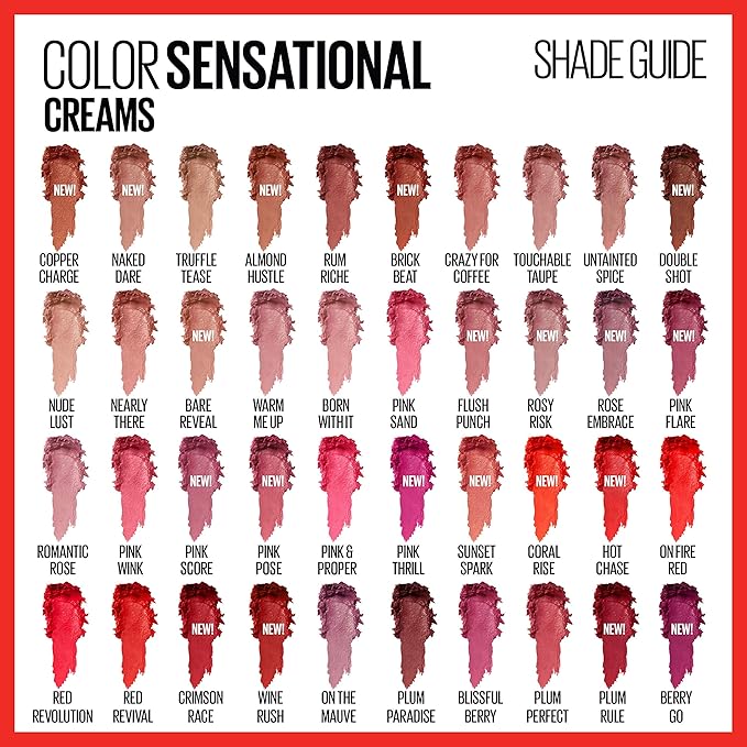 Maybelline Color Sensational Lipstick, Lip Makeup, Cream Finish, Hydrating Lipstick, Nude, Pink, Red, Plum Lip Color, Pink Score, 0.15 oz; (Packaging May Vary)