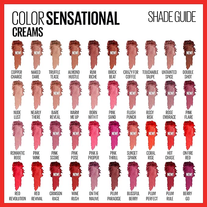 Maybelline Color Sensational Lipstick, Lip Makeup, Cream Finish, Hydrating Lipstick, Nude, Pink, Red, Plum Lip Color, On Fire Red, 0.15 oz; (Packaging May Vary)