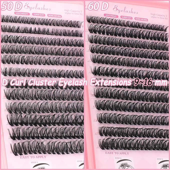 Lash Clusters Kit, Eyelash Clusters Individual Lash Extension Kit 480 Pcs D Curl Fluffy Wispy False Eyelashes Extensions Thin Band with Bond Seal Tweezers Brush Removers (50D+60D Kit 9-16mm)